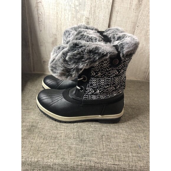 London Fog Boots Size 8 M LFW Milly B Black Gray Combo Furry Snow Winter Lace Up - Picture 4 of 8